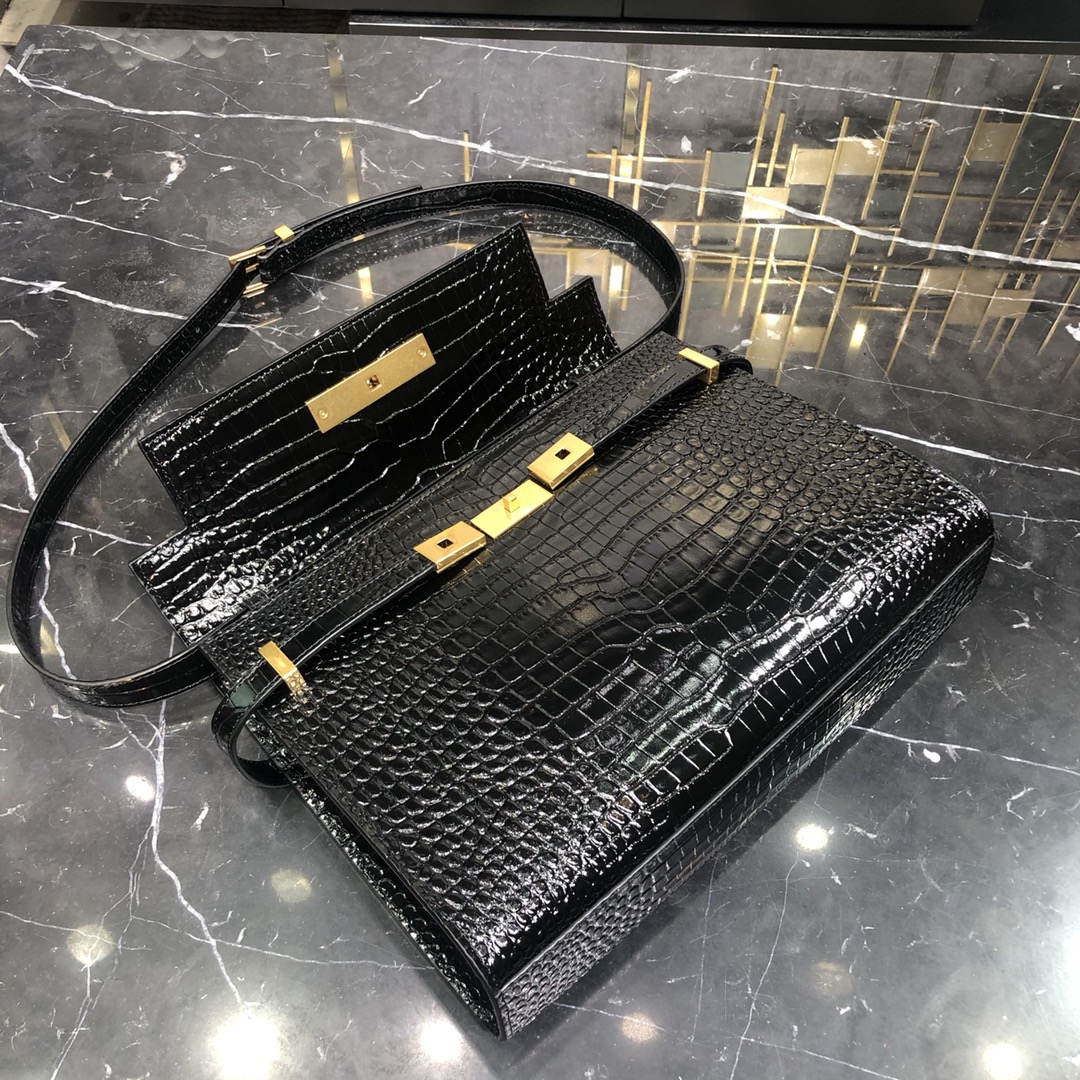 Saint Laurent Manhattan Box Crocodile Embossed Calfskin Shoulder Bag Black 579271 